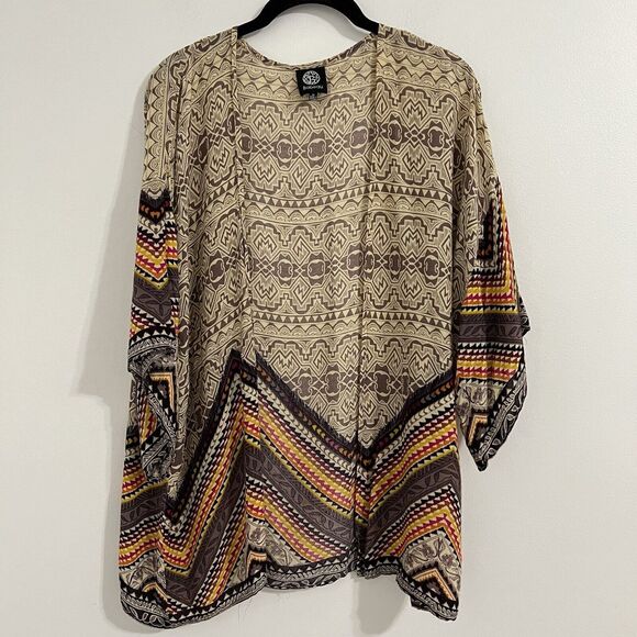 Bobeau Open Kimono Top Size M Beige Orange Light Poncho Bohemian Layering Aztec - Picture 1 of 6